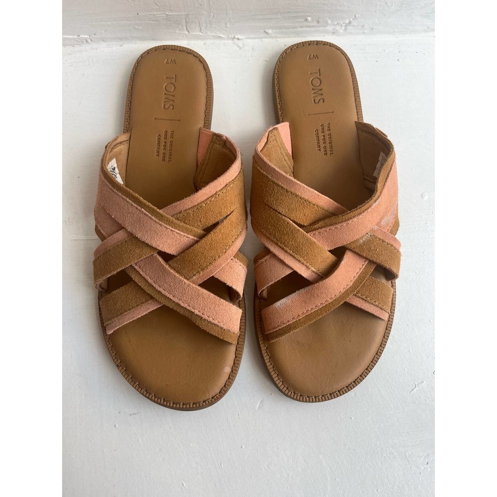 TOMS Val Slide Sandal Flip Flop style Size 7 Coral Pink & Tan